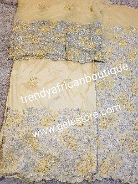 VIP Embriodery Silk George wrapper and matching net blouse. Purple George, All over beaded and Crystal stones hand made to perfection. Quality Guaranteed. 2 wrapper of 2.5yds each and 1.8yds blouse. Nigerian madam George's. 3 colors available