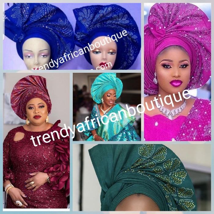 Classic White Bedazzled aso-oke, Nigerian woven traditional Aso-oke for making beautiful head wrap. Beaded + Gold Swarovski stones work for perfect headwrap finish. Gele only. Extra wide gele for bigger head wrap. 72" long × 26" wide