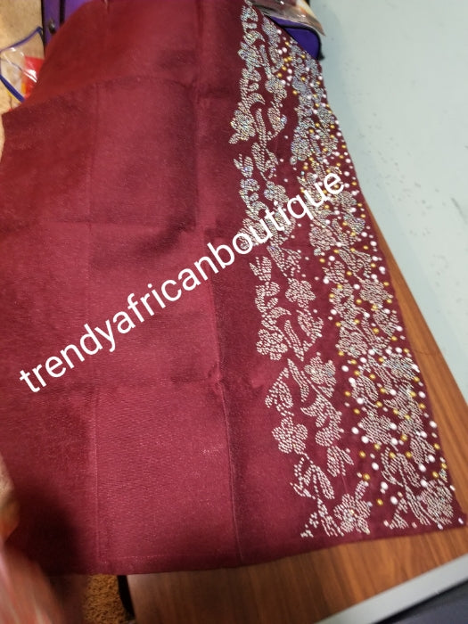 New arrival beautiful Burgundy Bedazzled Aso-oke Gele headtie. 4 wide for making bigger gele. classic Latest design of Nigerian Traditional aso-oke. Original aso-oke + Stone work. Hand weave in Nigeria for best quality 72" long by 26" wide