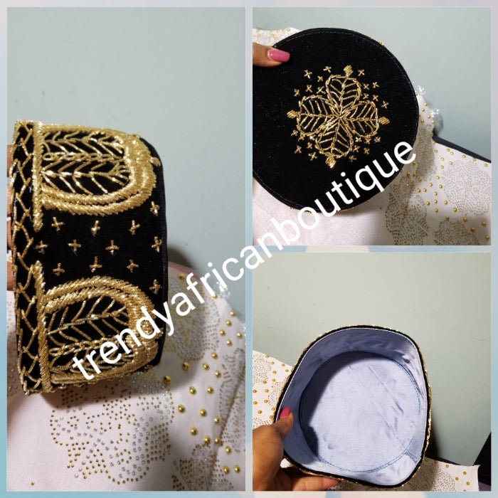 Cap for the Royals!! Black Igbo Traditional cap (Aka Cap) for ceremonial dress. Men-cap in black suede with gold embroidery. Available in 3 sizes 22, 23, 24 & 25