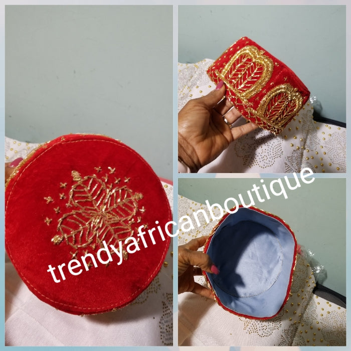 Cap for the Royals!! Igbo Traditional cap (Aka Red Cap) for ceremonial dress. Men-cap in red suede with gold embroidery. Available in sizes 21, 22,
