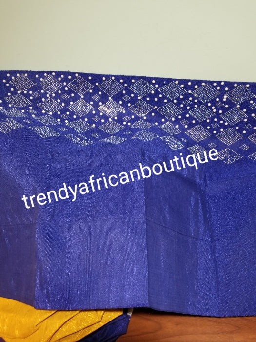 Sale:Royal blue aso-oke. Nigerian traditional Aso-oke for making head wrap. Hand woven and beaddazzled with crystal stones and beads at the border for perfect headwrap finish. Gele only. Extra wide gele for bigger head wrap. 72" long × 26" wide