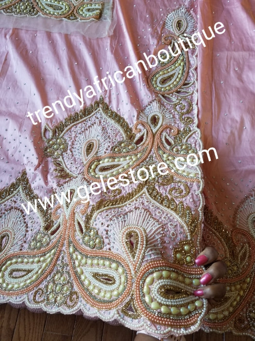 Peach VIP Hand beaded and crystal Stoned Silk George wrapper, champagne net for blouse. Nigerian, Igbo/Delta traditional wedding out fit. Sold as full 2.5yds with side border design + 2.5yds + 1.8yds matching net for blouse. Quality taffeta silk!