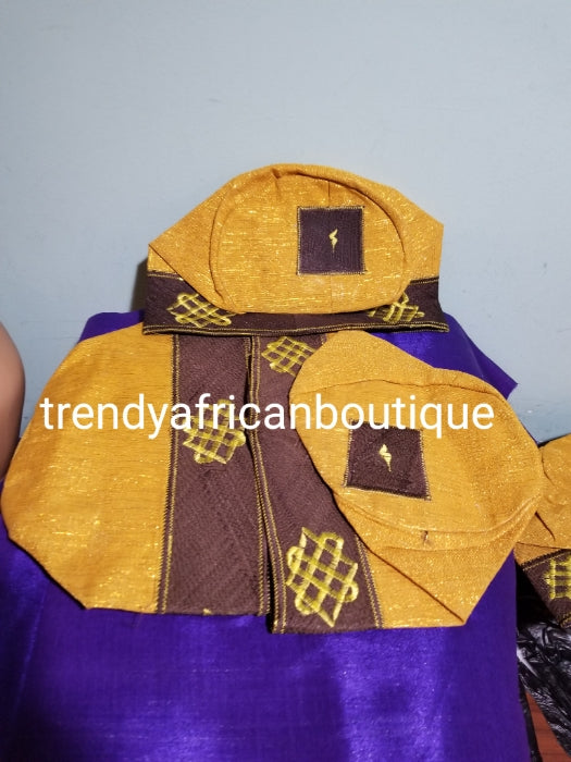 Gold/chocolate Agbada men-Cap for Nigerian men Native wear. Made with Aso-oke with embroidery border. Size 24" head circumference