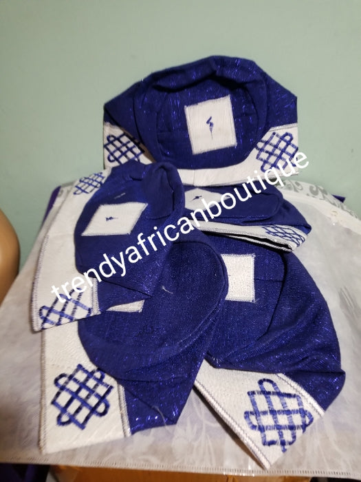 Neuankömmling Roal blau/weiß Agbada Herren-Cap für nigerianische Männer Native Wear. Hergestellt aus Aso-oke mit Stickrand. Größe 24" Kopfumfang