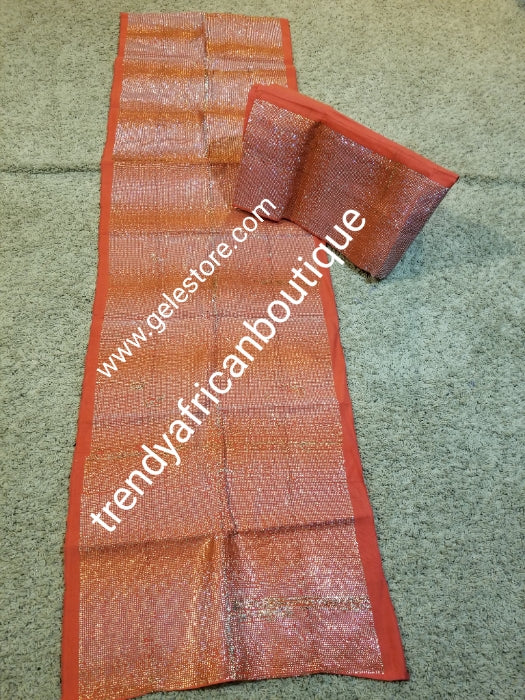 Special offer: Exclusive coral million stoned Beaddazzled Aso-oke set. 4pc wide Gele with 82" long Ipele (shoulder shawl). Sold as a set. Price is for set. Nigerian Celebrant Aso-oke from Nigeria. Can be made any color of your choice