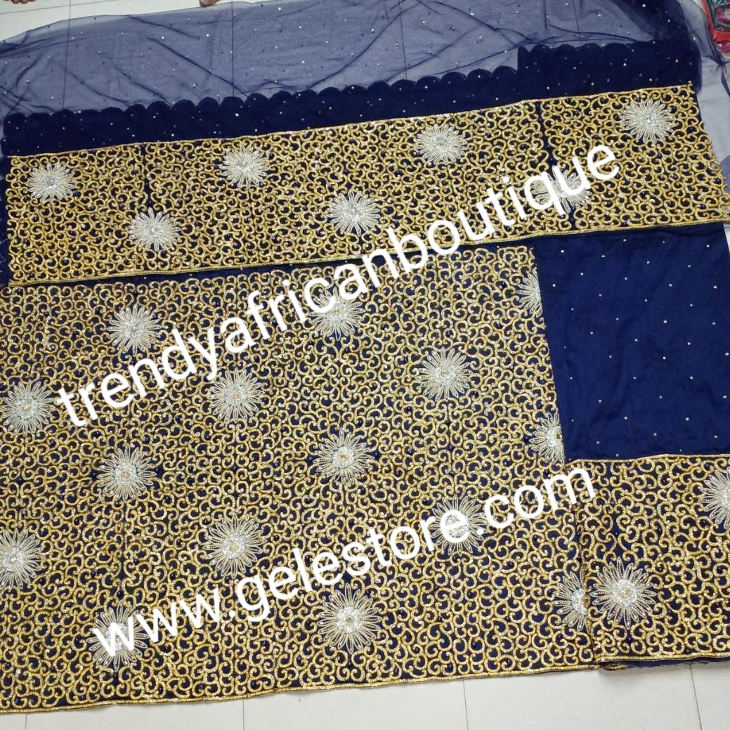 Sale: Ready to ship: Navy blue/Gold first Lady/ VIP Nigerian Celebrant Silk George wrapper. All over hand cut with gold crystal stones in flower design. 2 wrapper (2.5yd each) + 1.8yds net for blouse. Niger/Igbo/delta bridal outfit wrapper