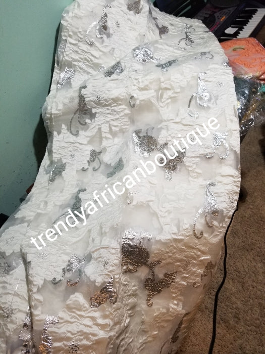 Beautiful pure white organza/ silver french lace fabric latest design. Sold per 5yds. Nigerian/African french lace for making party outfit. Soft texture, luxurious design