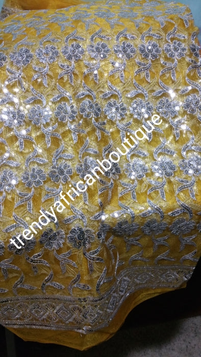 Clearance: Mustered yellow/silver sequence net French lace fabric for making Blouses for wrapper or dresses. Igbo/Delta/Edo women blouse fabric. This is about 2yrds total piece for sale. Can be use to combination style. 4.8yds. Lenght is left