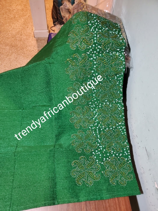 Sweet Green bedazzled Aso-oke for making latest stylish Gele (headtie). Latest design of Nigerian Traditional aso-oke. Excellent quality. Extra wide width aso-oke for big head tie