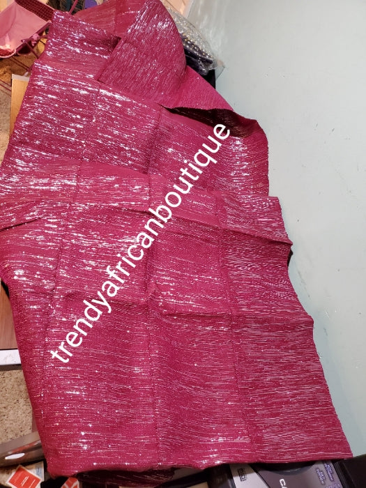 Latest metalic glitter aso-oke in fuschia pink with silver color shine. Gele only extra wide width for making latest stylish Nigerian traditional head wrap.