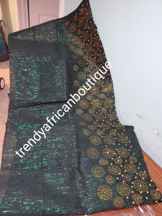 Classic Green metallic Bedazzled aso-oke. Nigerian woven traditional Aso-oke for making stylish head wrap. Beaded and Swarovski stones work for perfect headwrap finish. Gele only. Extra wide gele for bigger head wrap. 72" long × 26" wide
