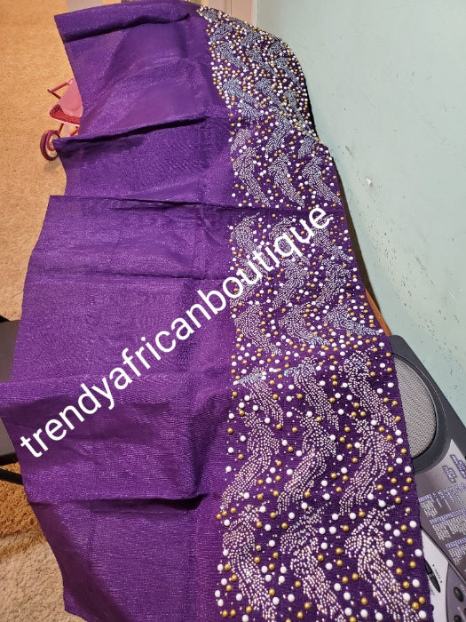 Classic purple Bedazzled aso-oke. Nigerian woven traditional Aso-oke for making beautiful head wrap. Beaded and Swarovski stones work for perfect headwrap finish. Gele only. Extra wide gele for bigger head wrap. 72" long × 26" wide