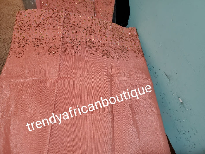 New arrival classic Peach Bedazzled Aso-oke Gele headtie. 4 wide for making bigger gele. classic Latest design of Nigerian Traditional aso-oke. Original aso-oke + Stone work. Great texture and easy to make into stylish gele