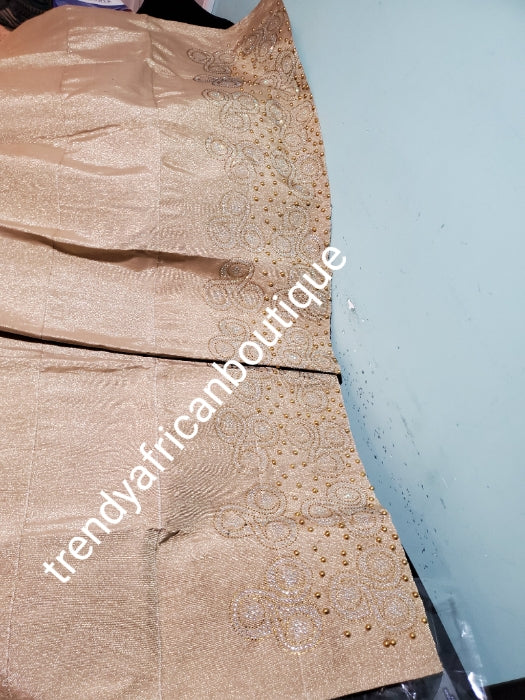 Champagne Gold crystal stoned and beaded Aso-oke Gele headtie. 4 wide for making bigger gele. classic Latest design of Nigerian Traditional aso-oke. Original aso-oke + Stone work. Great texture and easy to make into stylish gele