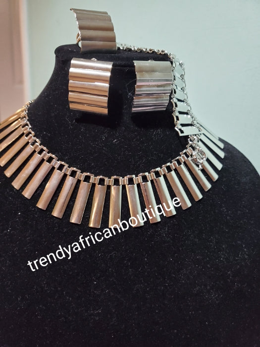 Choker silver plated high quality 4pcs necklace set. Jewelry set for church and party wear. Classic drop choker Necklace, earrings, open ring & bracelet. High quality & hypoallergenic plating. Open ring for easy adjustment