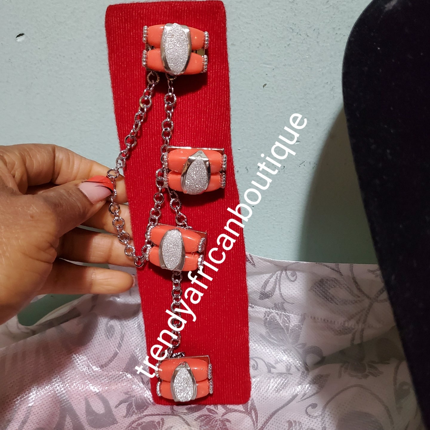Nigerian men coral/silver accent pin botton for men, groom-accessories for isi-agu shirt outfit. Quality Coral in silver plated chain. Can be use with Atiku men top or any African traditional wear.