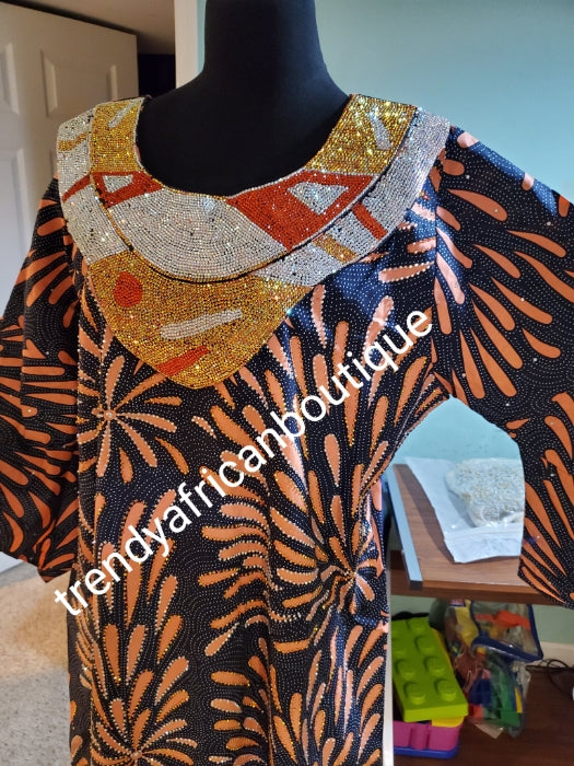 Swarovski stoned Ankara-kaftan, long free flowing dress embellished with shinning Swarovski stones to perfection! Fit Burst 48" and Full lenght 60". Made with Quality Ankara/stoned work.
