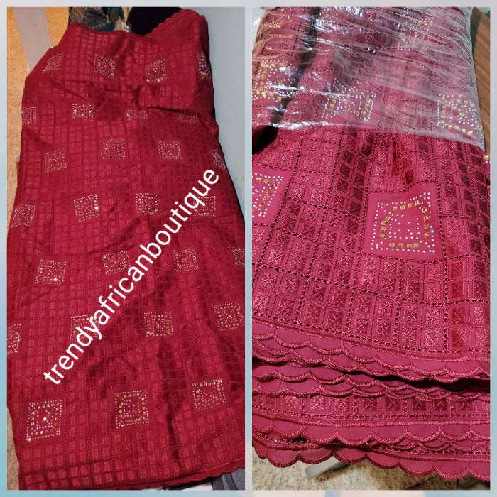 Special offer: Lustrous soft quality wine swiss voile lace fabric for Nigerian Men native outfit. Soft texture fabric crystal stones embellishement. Sold per 5yds. Price is for 5yds. Men traditionally wedding outfit