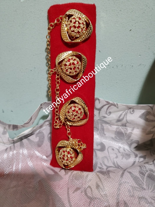 Nigerian men gold plated with red crystal stones pin botton for men, groom-accessories for isi-agu shirt outfit. Quality Coral in gold plated chain. Can be use with Atiku men top.