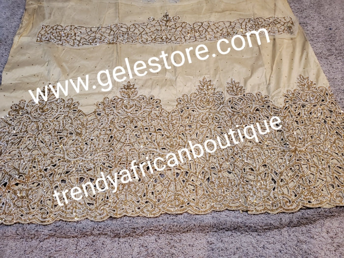 Ready to ship. Pure GOLD Original Quality VIP all over shining Crystal stoned George wrapper. Igbo/delta/Niger Bridal George wrapper is 2.5yds + 2.5yds + 1.8 yds matching net for blouse. Feel the difference in quality Taffeta crystal stoned wrapper