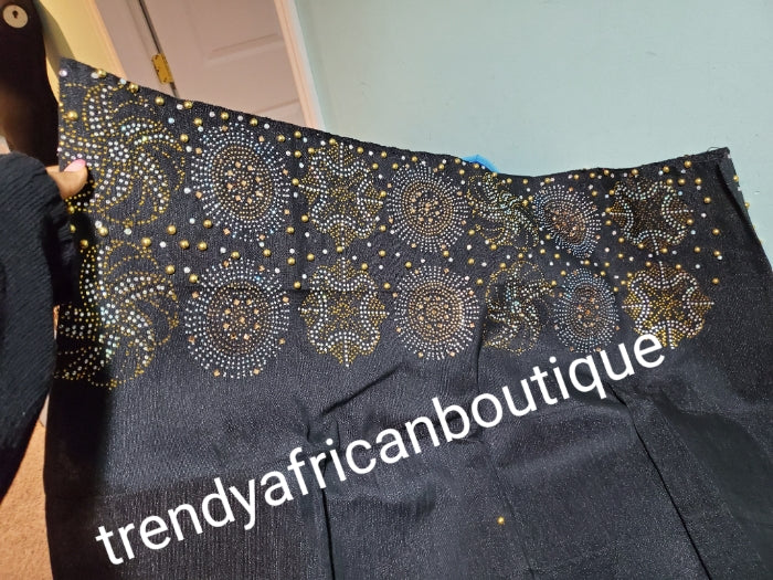 Pure Black Bedazzled aso-oke. Nigerian woven traditional Aso-oke for making beautiful head wrap. Beaded and Swarovski stones work for perfect headwrap finish. Gele only. Extra wide gele for bigger head wrap. 72" long × 26" wide