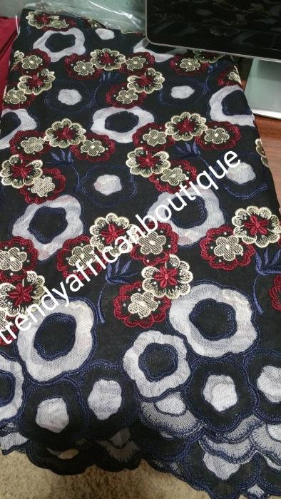 Clearance: Black/wine/white original swiss voile + net quality Embroidery lace fabric. Very unique design you cannot find any where. African wedding/ceremonial Lace fabric, embellished with white crystal stones. Sold per 5yds