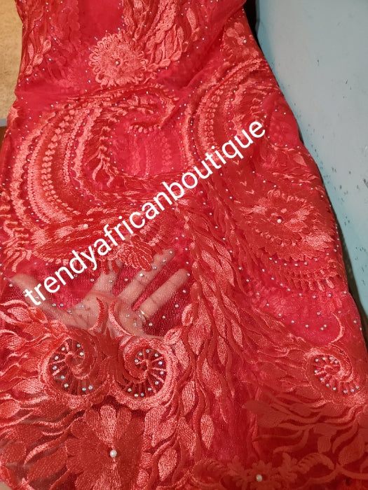Clearance Coral African french lace fabric in sizzling sweet color. All over stones. Sold 5yds. Model shown rocking same Lace in purple sizzling evening gown