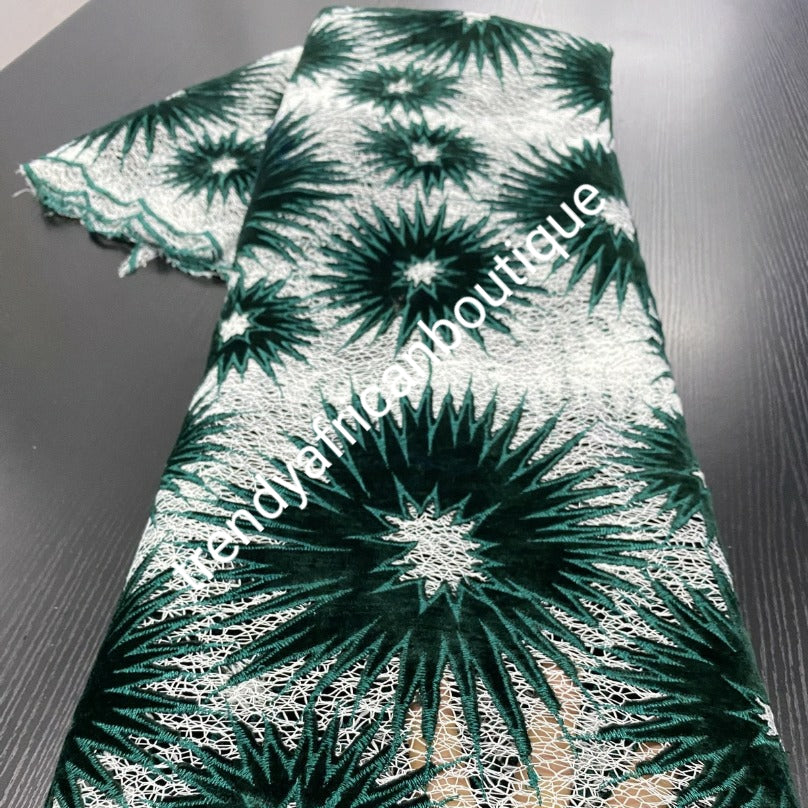 Ready to ship: White/green french lace fabric.soft texture + velvet. latest design. Sold per 5yds. Nigerian/African french lace for making party outfit, soft Luxurious fabric. Sold per 5 yards lenght.. aso-ebi order welcome