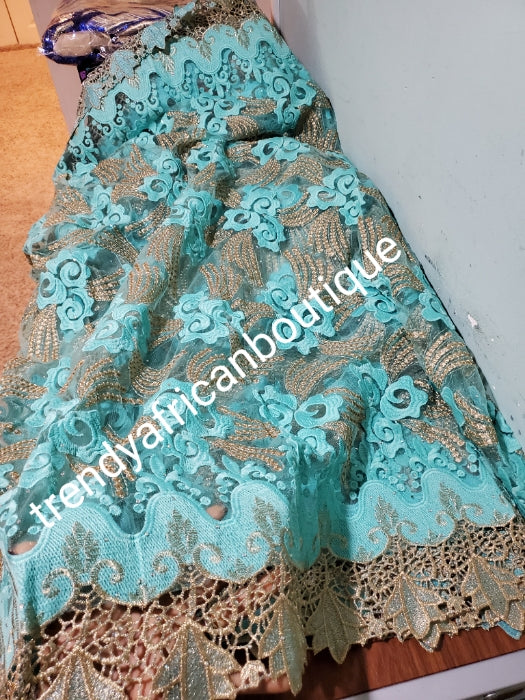 Sale: Sweet mint green/champagne embroided french lace fabric. Sold per 5yds. Price is for 5yds. Beautiful swiss quality design for making Aso-ebi dresses