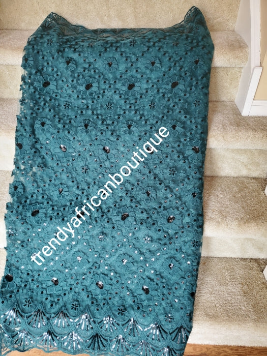 New arrival soft quality emerald green french lace fabric with all over sequence. Great quality. Sold per 5yds.price is for 5yds. Aso-ebi price available. Contact us for details