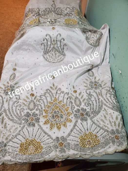 Bonus Sale: Pure White/White Quality taffeta silk hand beaded and stoned George wrapper. Nigerian Bride beautiful in White George wrapper. Sold as a set of 2 wrapper + 1.8yds Net for blouse. Niger/delta/Igbo traditional bridal outfit