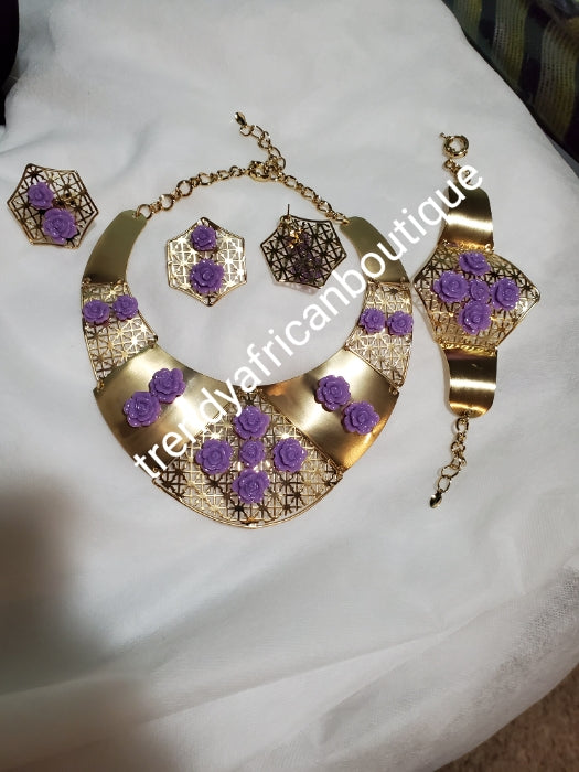 Classic Gold/lilac 4pc. 18k Gold plated Omega necklace set. Include matching earrings, Bangle and open ring for easy adjustments. Hypoallergenic African necklace set for party and church wear