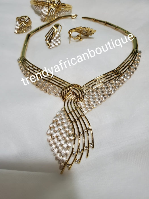 18k Gold + silver, 2 tone electroplated 4pcs necklace set. Top quality African costume choker necklace set. Long lasting plating, hypoallergenic plating
