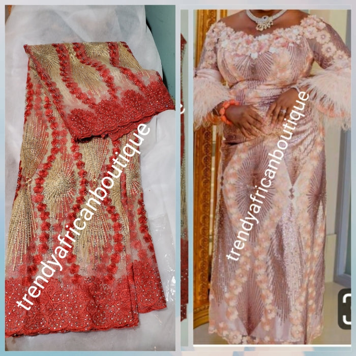 New arrival Coral/Champagne gold African French lace fabric embellished with dazzling crystal stoned Net french lace. Sold per 5yds length. Aso-ebi order available per request in your color is choice.