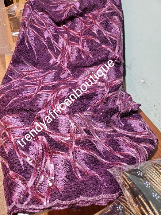 Sale: soft purple African net French lace fabric embellished with sequence and beads. Sold per 5yds length. Aso-ebi order and discount available