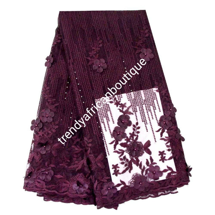 Sale: Sweet Plum french lace fabric with stones and flower petals. Sold per 5yds. Nigerian/African french lace for making party outfit, soft Luxurious fabric