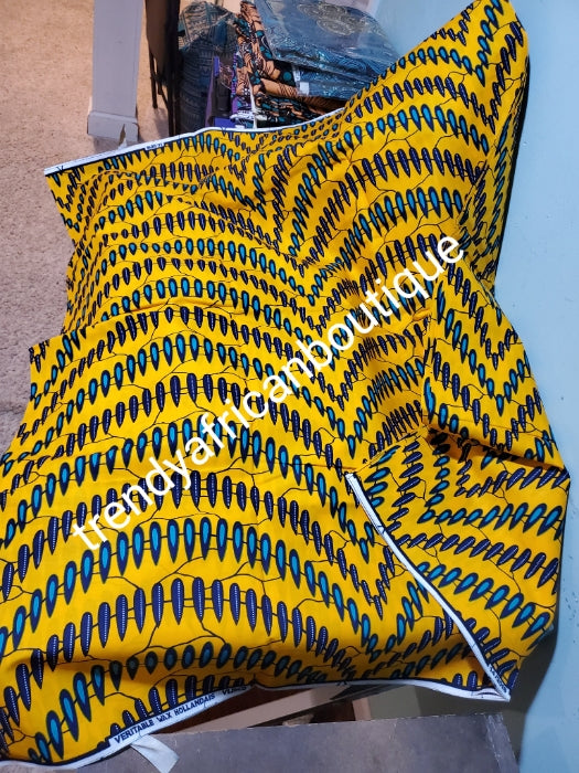 Yellow African Ankara wax print. 100% cotton fabric for making African dresses and more, Sold per 6 yards, price is for 6yards