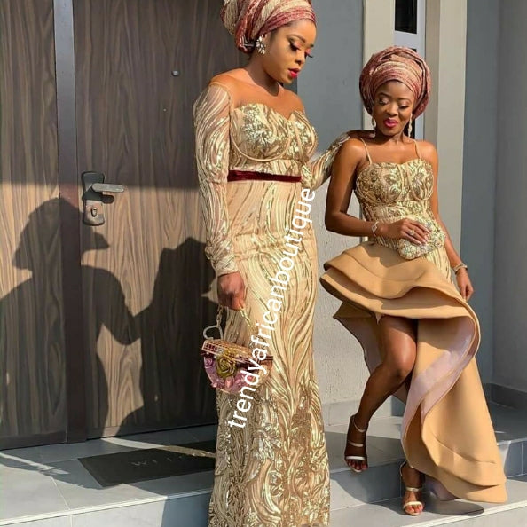 New arrival soft quality champagne/royalblue french lace fabric with all over sequence. Great quality. Sold per 5yds.price is for 5yds. Aso-ebi price available. Contact us for details. Free shipping within U.S