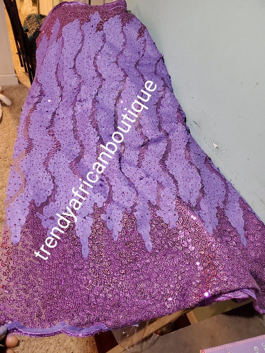 Sale sale: Lustrous quality Africa french lace fabric over sequence. Lilac embeliished with all over sequence border. Sold per 5yds, limited quantity. Sold per 5yds lenght, price is for 5yds. Feel the difference in quality