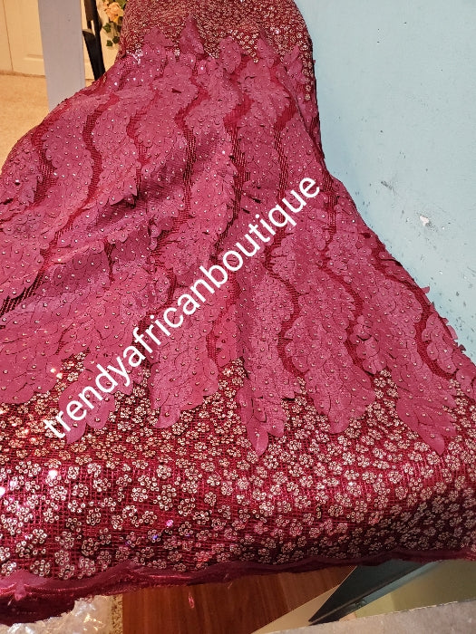 Sale sale: Lustrous quality Africa french lace fabric over sequence. Wine embeliished with gold sequence border. Sold per 5yds, limited quantity. Sold per 5yds lenght, price is for 5yds. Feel the difference in quality