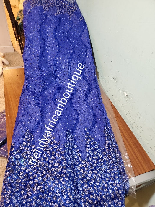 Sale sale: Lustrous quality Africa french lace fabric over sequence. Royal blue embeliished with silver sequence border. Sold per 5yds, limited quantity. Sold per 5yds lenght, price is for 5yds. Feel the difference in quality
