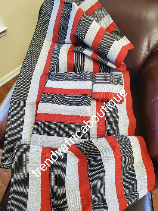 Nigerian woven Cotton Aso-oke set. Classic color combinations Red/black/white/silver. Soft luxurious quality and Easy to tie.sold as a set and price is for the set