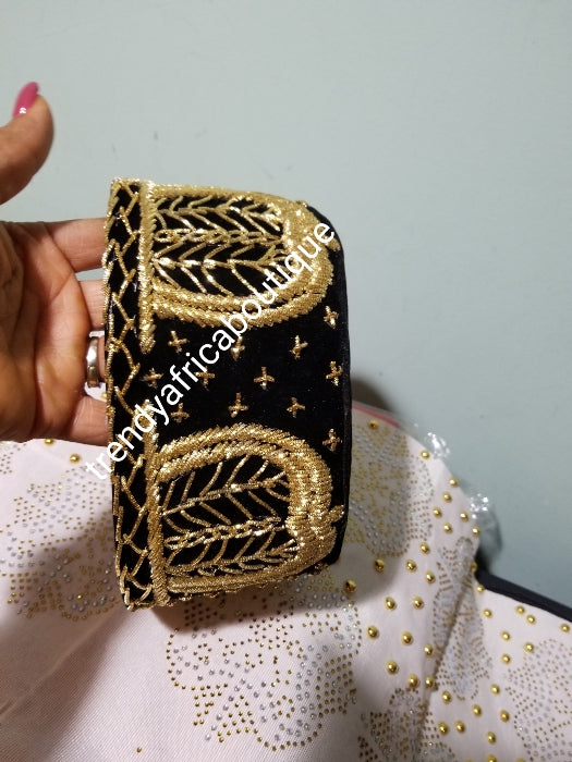 Cap for the Royals!! Black Igbo Traditional cap (Aka Cap) for ceremonial dress. Men-cap in black suede with gold embroidery. Size 25