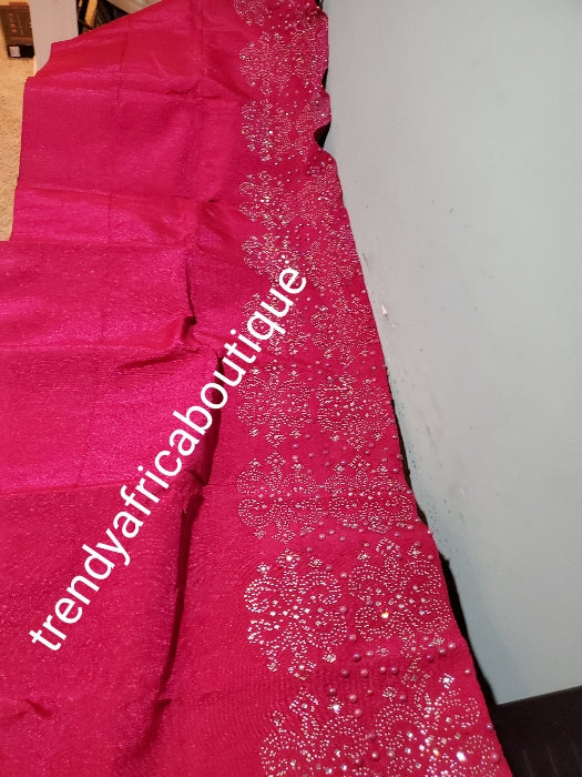 Bonus offer: Fuschia pink Super quality VIP/Celebrant Net George wrapper all over dazzling crystals and beads to perfection. complete set of 2.5yds+ 2.5yds wrapper + 1.8yds matching net for blouse. Purchase with matching aso-oke gele