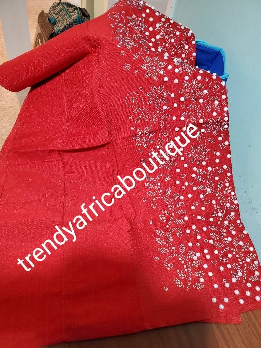 Bonus sale: New arrival of Pepper Red VIP Net enbriodery + hand stoned George Wrapper. Dazzling crystal stones in Full 5yds + 2yards matching net + bonus 4yds Red Lining. Quality net. Do not miss this offer!! .purchase with red Aso-oke gele is optional