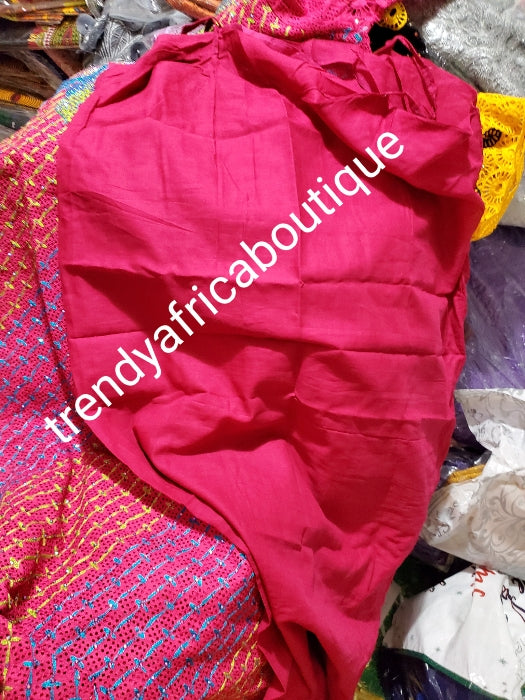 sale: 3pc set. Pink/blue swiss lace-kaftan+ pink inner + headtie. beautiful chest Senegalese bubu Embriodery + Swarovski stones embellishment to perfection! Fit Burst 48", gown lenght 60" shoulder to floor, sleeve lenght 17" classic and must have!