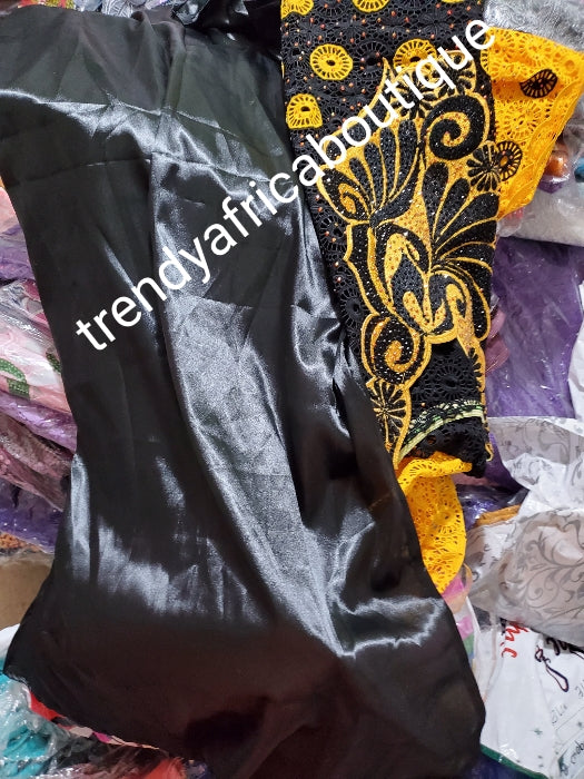 Sale: 3pcs set Yellow/black quantity swiss dry lace free flowing bubu. Senegalese bubu or gown, beautiful chest Embriodery/Swarovski stones embellishment. Fit Burst 46", gown lenght 60" shoulder to floor, sleeve lenght 17" long gown+ inner + scarf
