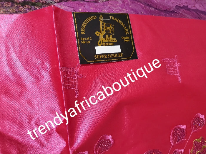 Clearance: combo sale blk/fuchsia swiss lace+ Jubilee embroidery headtie comb. Give away price. Quality embriodery soft texture lace and crystal stones. Sold 5yds + headtie.