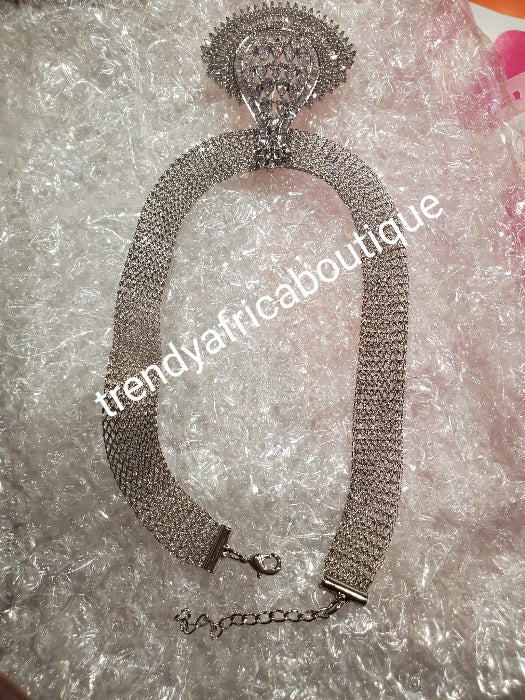 Sale sale: 3pcs set 22k quality silver electroplated choker set. CZ stoned Pendant and earrings matching set with choker chain. Top quality/hypo allergenic plating